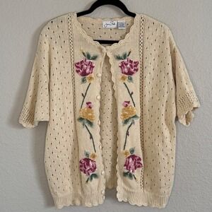 Vintage Womens Large Cream Pointelle Knit Floral Sweater Cottage Feminine Dainty